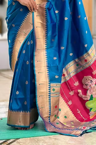 Teal Maharastrian Paithani silk blend Saree