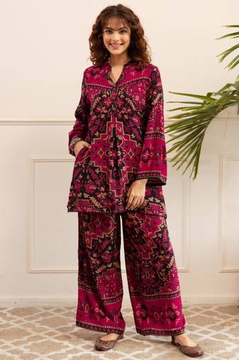 Kabool sangria magenta printed viscose rayon co ord set
