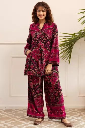 Kabool sangria magenta printed viscose rayon co ord set