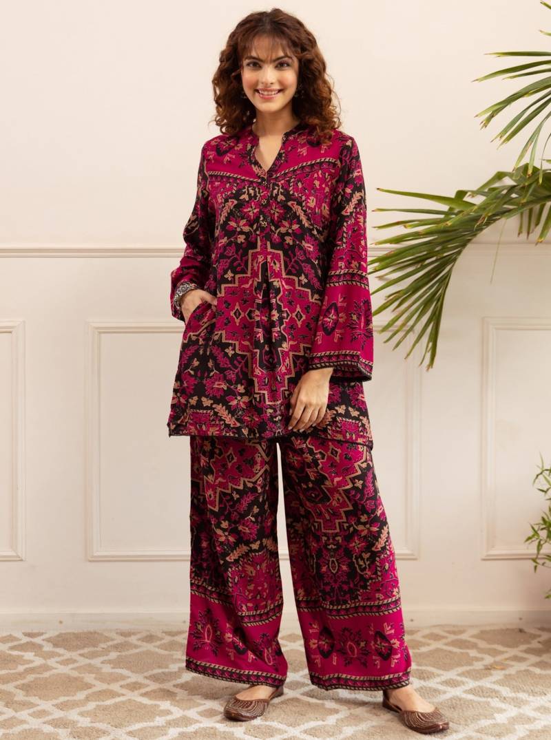 Kabool sangria magenta printed viscose rayon co ord set