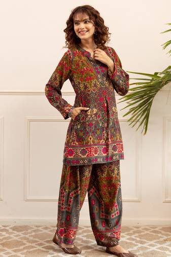 Kabool brick grey printed viscose rayon co ord set