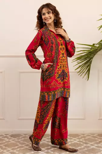 Kabool berry red printed viscose rayon co ord set