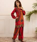 Kabool berry red printed viscose rayon co ord set