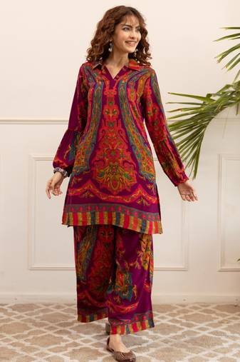 Kabool garnet purple printed viscose rayon co ord set