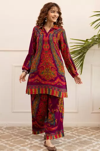 Kabool garnet purple printed viscose rayon co ord set