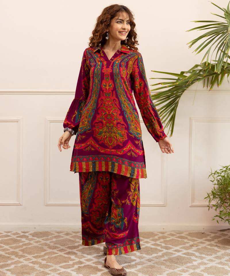 Kabool garnet purple printed viscose rayon co ord set