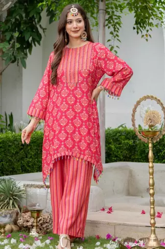 Jayti raspberry pink printed linen blend co ord set