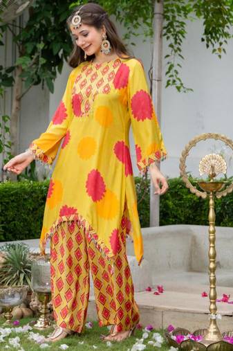 Jayti sunshine yellow printed linen blend co ord set