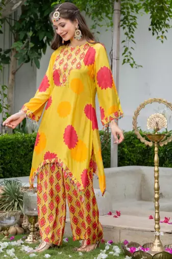 Jayti sunshine yellow printed linen blend co ord set