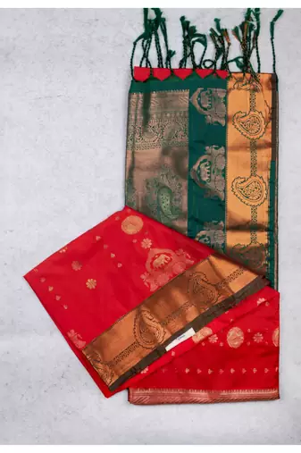 Red and green semi silk saree