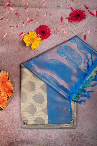 Pastel green and blue semi silk saree
