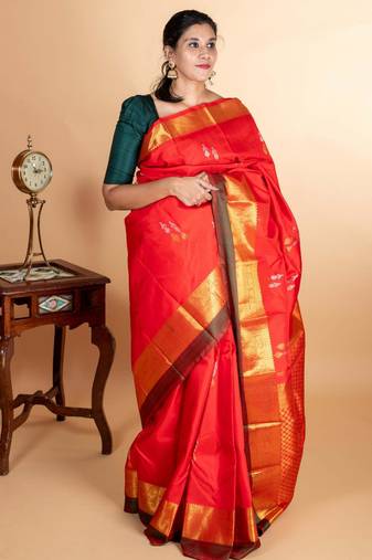 Red designer weave pure silk saree with silk mark certified