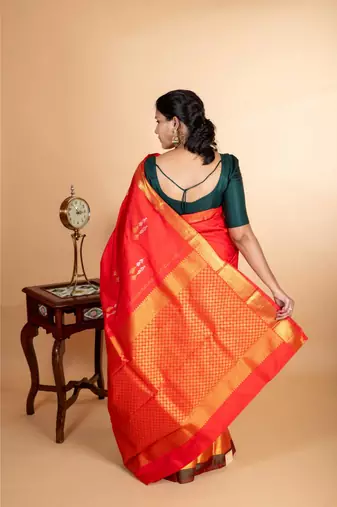 Red designer weave pure silk saree with silk mark certified