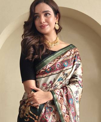 Off White silk blend Kalamkari Printed Saree 1