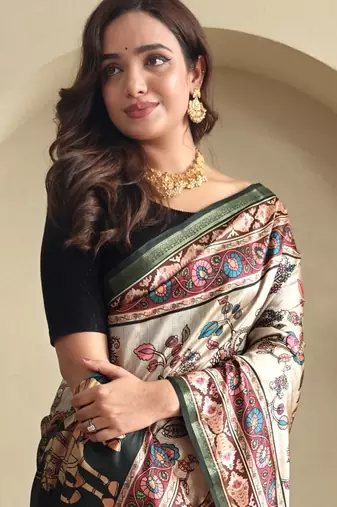 Off White silk blend Kalamkari Printed Saree