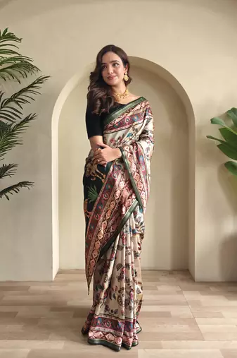 Off White silk blend Kalamkari Printed Saree