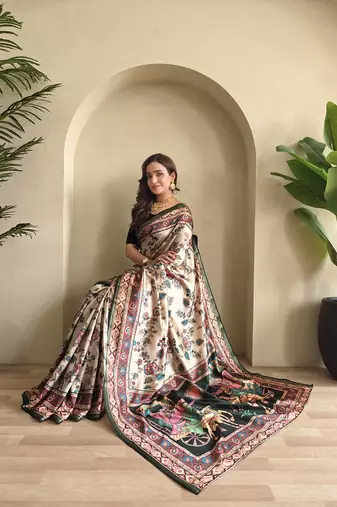 Off White silk blend Kalamkari Printed Saree