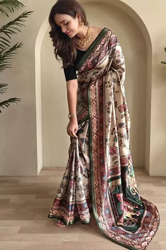 Off White silk blend Kalamkari Printed Saree