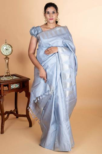 Grey temple border kanjipuram silk saree