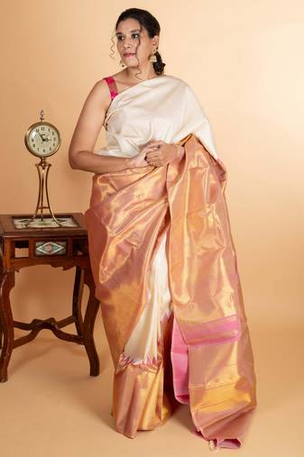 Offwhite pink raising border kanjivaram silk saree