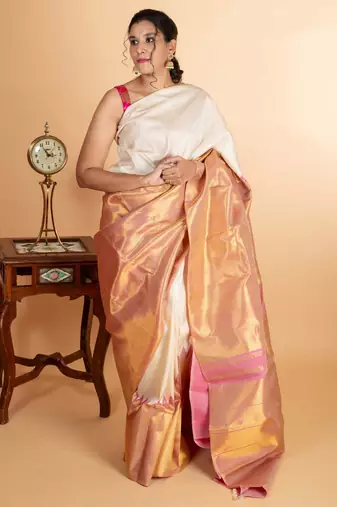 Offwhite pink raising border kanjivaram silk saree
