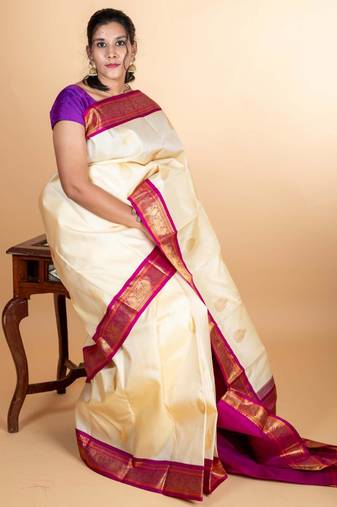Offwhite and purple pure kanjivaram silk saree