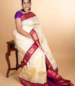 Offwhite and purple pure kanjivaram silk saree with silk mark certified