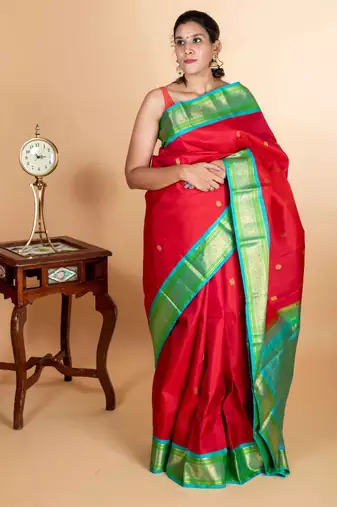 Red and blue kanjivaram silk saree with silk mark certified