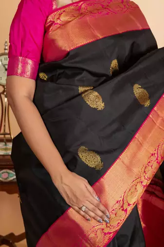 Black and pink combination silk saree. with silk mark certified