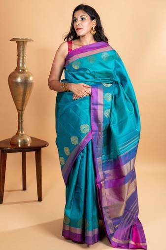 Lightweight blue silk saree purple combination
