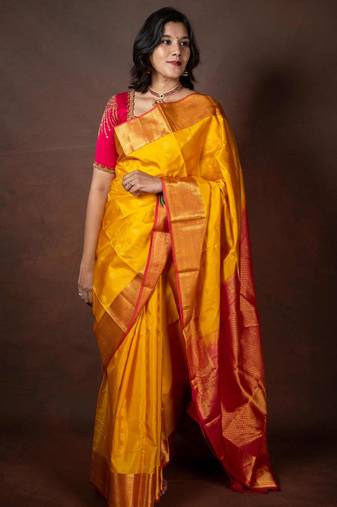 Yellow and pink pure silk saree with silk mark certified