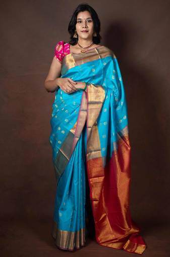 Sky blue and pink kanjivaram saree