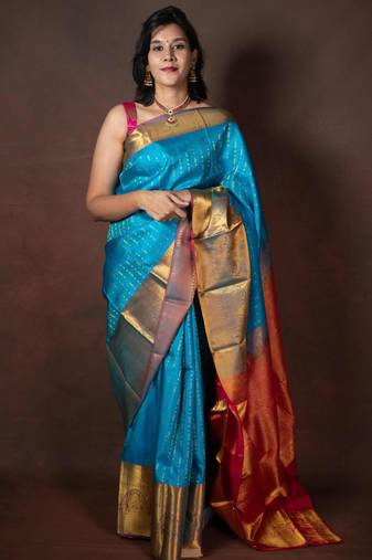 Blue saree with pink blouse