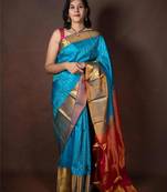 Blue saree with pink blouse with silk mark certified