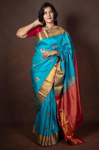 Sky blue kanjivaram silk saree with silk mark certified