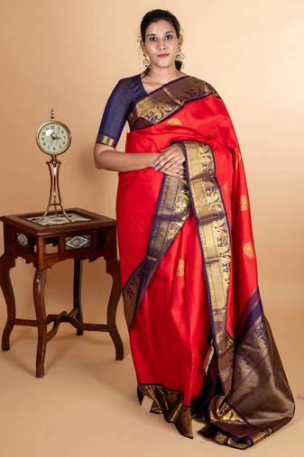 Red and blue kanchipuram silk saree with silk mark certified