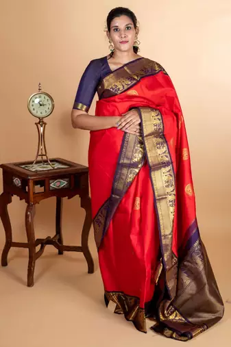 Red and blue kanchipuram silk saree with silk mark certified