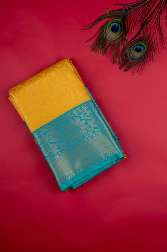 Golden mustard brocade semi silk saree