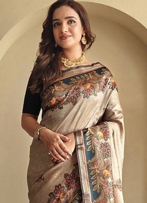 Beige silk blend Kalamkari Printed Saree 1