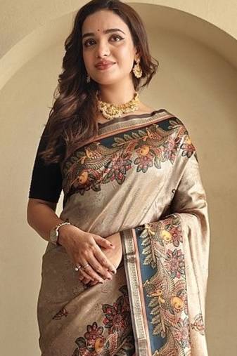 Beige silk blend Kalamkari Printed Saree