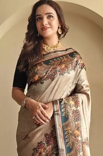 Beige silk blend Kalamkari Printed Saree