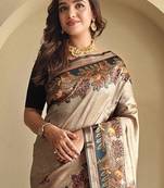 Beige silk blend Kalamkari Printed Saree