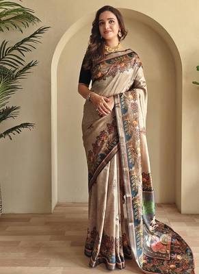 Beige silk blend Kalamkari Printed Saree 2