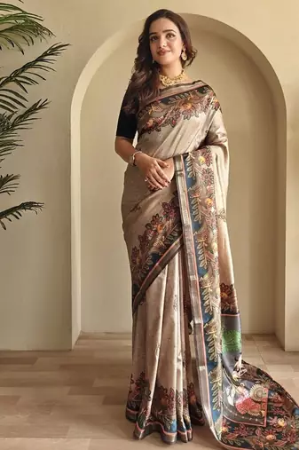 Beige silk blend Kalamkari Printed Saree