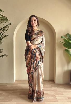 Beige silk blend Kalamkari Printed Saree 3