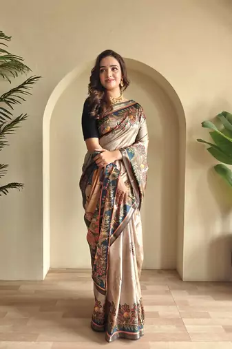 Beige silk blend Kalamkari Printed Saree