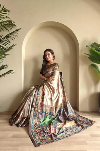 Beige silk blend Kalamkari Printed Saree