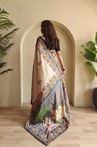 Beige silk blend Kalamkari Printed Saree