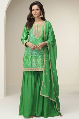 Green chinon silk embroidered designer sharara suit