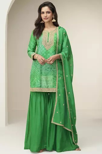 Green chinon silk embroidered designer sharara suit